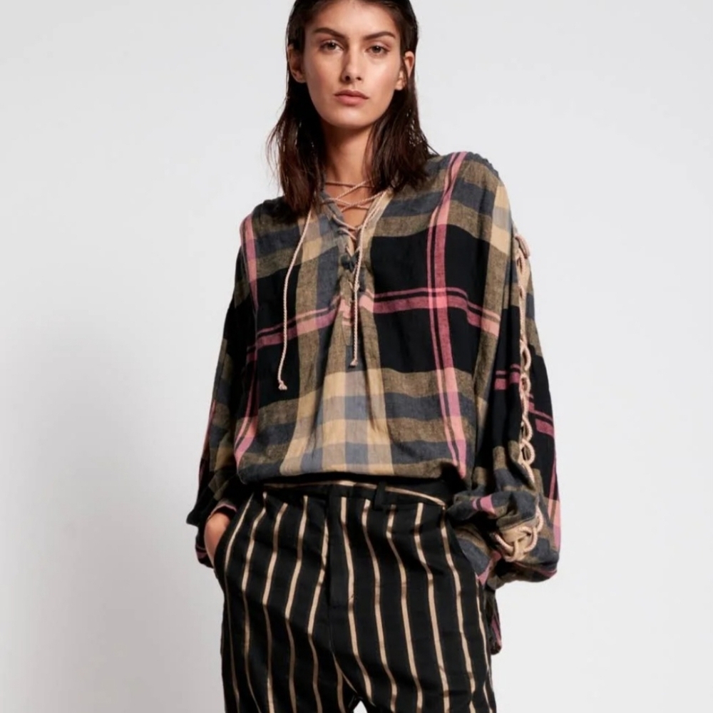 One Teaspoon‎ Washed Check Linen Carousel Shirt Lace -up